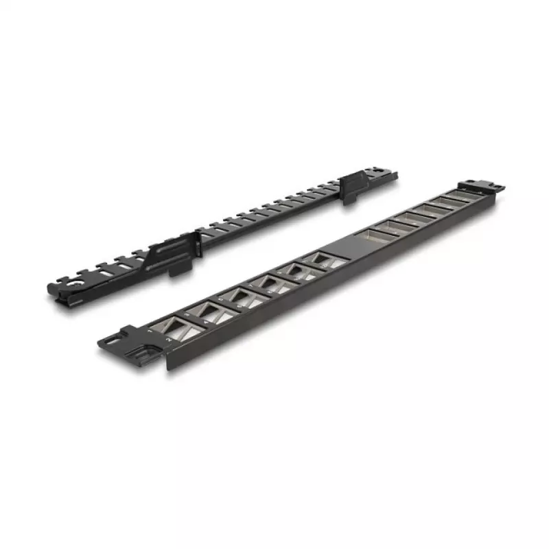 DELOCK 19 inch Keystone Patch Panel 24 prievadų kampinis su įtempimo sumažinimu, 1U, juodas, 482,6×125,5×44,2 mm