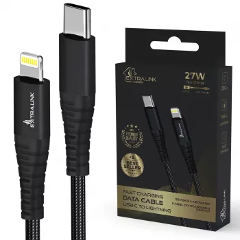 Kabelis USB-C į Lightning Extralink CABESL03 – 27 W galia, 200 cm, pintas, juodas