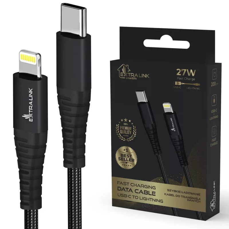 Kabelis USB-C į Lightning Extralink CABESL03 – 27 W galia, 200 cm, pintas, juodas