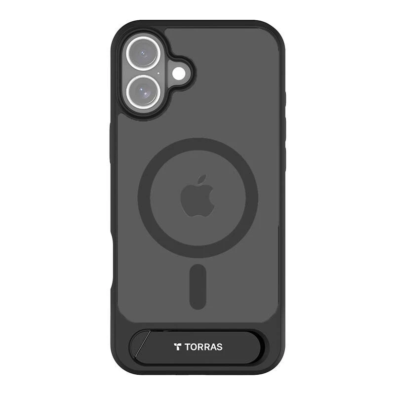 Apsauginis telefono dėklas Torras Pstand Series, skirtas iPhone 16 Plus — juodas, plonas, su integruotu stovu