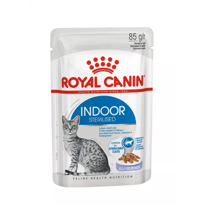 Šlapias kačių maistas Royal Canin Indoor Sterilized 85 g pakuotė — suaugusios patalpose laikomos sterilizuotos katės, paukštienos skonio, pakuotė 12 x 85 g