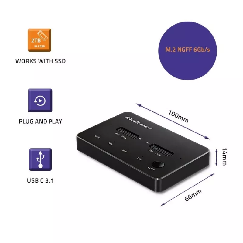 Qoltec 50310 Diskų prijungimo stotelė 2x SSD M.2 SATA NGFF USB Type C