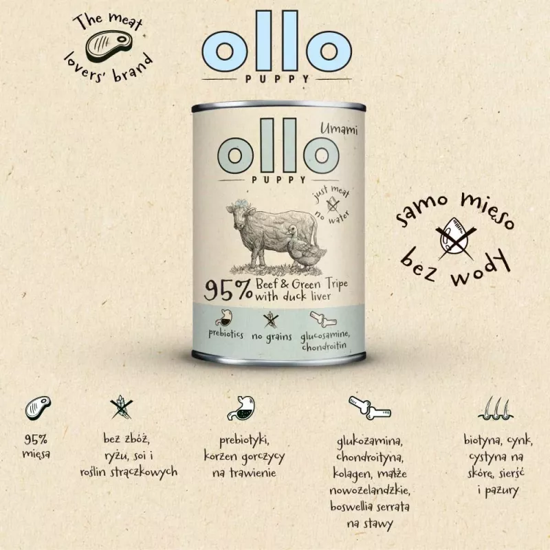 OLLO Puppy Umami jautiena ir žaliasis prieskrandis su anties kepenėlėmis – šlapias šunų maistas – 400 g