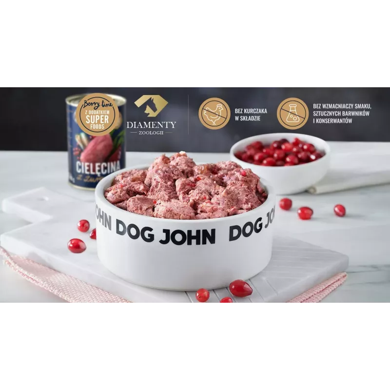 Šlapias šunų maistas john dog BERRY Adult veršiena su spanguolėmis 800 g — monoproteininis, visavertis pašaras, skardinė