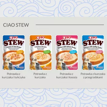 Drėgnas kačių skanėstas INABA Ciao Stew Chicken & Scallop maišelis 40 g — be grūdų, suaugusioms, mėsingas