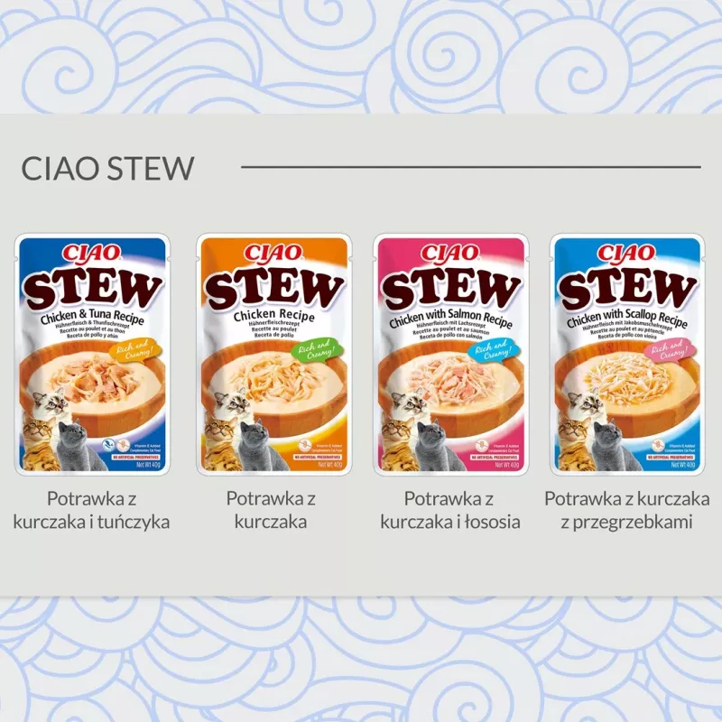 Drėgnas kačių skanėstas INABA Ciao Stew Chicken & Scallop maišelis 40 g — be grūdų, suaugusioms, mėsingas