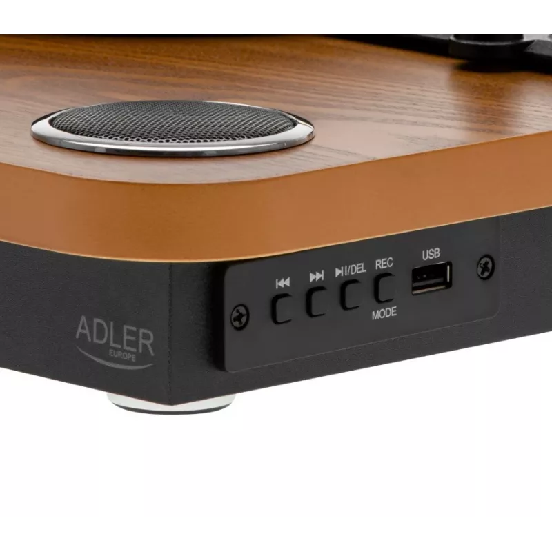 Analoginis diržinio paleidimo patefonas Adler AD 1914 su USB prievadu, keraminiu plokštelių padėklu, nuolatinės srovės varikliu, 33 1/3 aps./min., Bluetooth 5.4, RCA išėjimais, įmontuotais garsiakalbiais