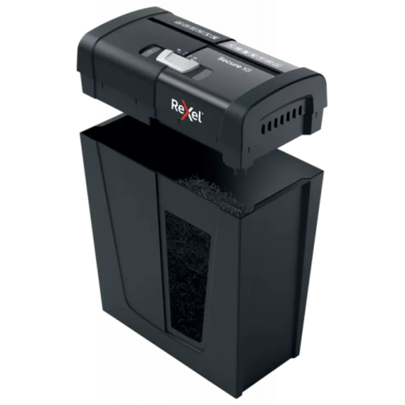 Popieriaus smulkintuvas REXEL Secure X8 — kryžminis pjovimas P-4, 4x40 mm, 8 lapų talpa, 14 l dėžė, juodas