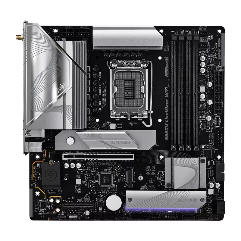Motininė plokštė ASRock B860M LiveMixer WiFi — Intel B860, LGA 1851, micro ATX, DDR5, 4x DIMM, Wi‑Fi 6E, 2.5Gb LAN