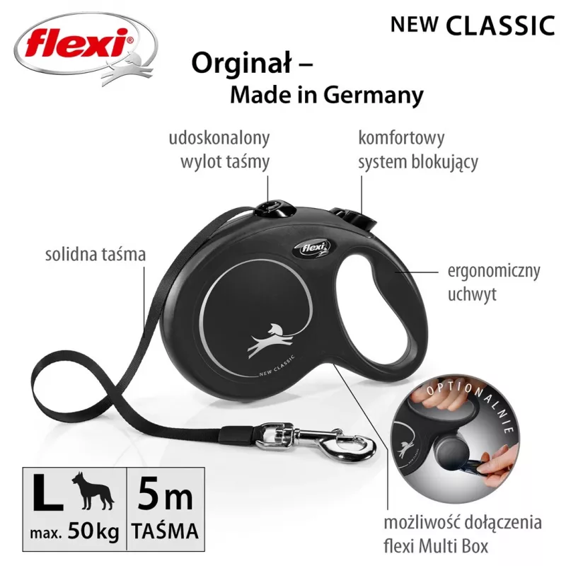 Ištraukiamas šuns pavadėlis Flexi New Classic L 5 m Juodas – laidas, didelėms veislėms (25–45 kg), maks. apkrova 50 kg