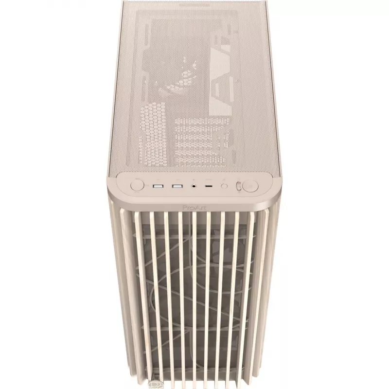 Kompiuterio korpusas ASUS PROART PA401 WOOD TG PWM SMĖLIO spalvos korpusas — ATX, 503×225×412 mm, 2×3.5 colio/2×2.5 colio, GPU iki 315 mm