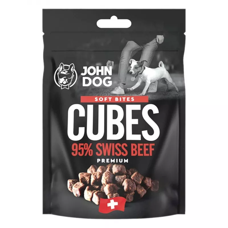 Šunų skanėstai john dog Soft Bites Cubes Beef 95% — 120 g, baltymų 56%, riebalų 22%, drėgmės 12%