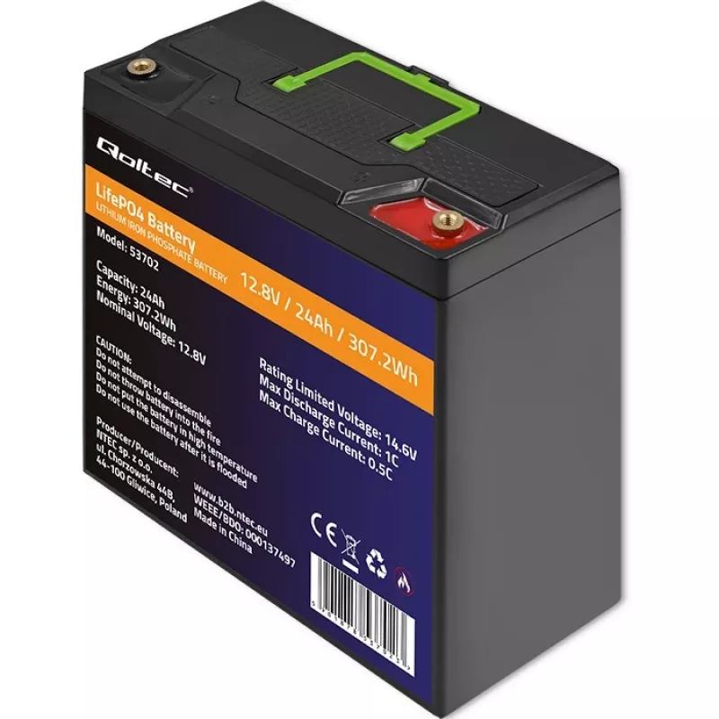 Qoltec 53702 LiFePO4 ličio geležies fosfato baterija | 12,8 V | 24 Ah | 307,2 Wh | BMS