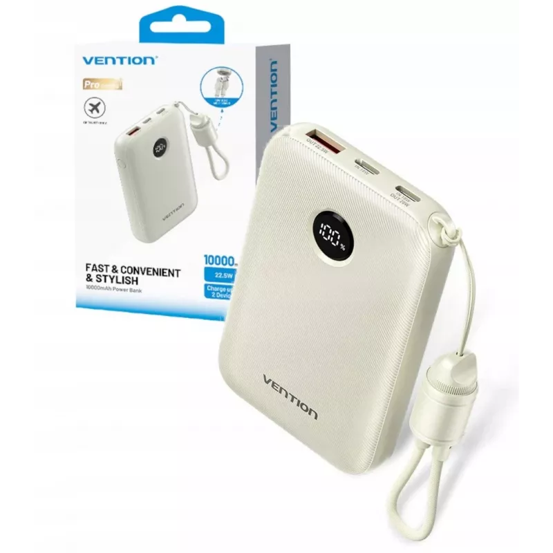 Power bank Vention FKAN0-C 10000 mAh — 2× USB-C, 1× USB-A, 22,5 W, Smėlio spalvos