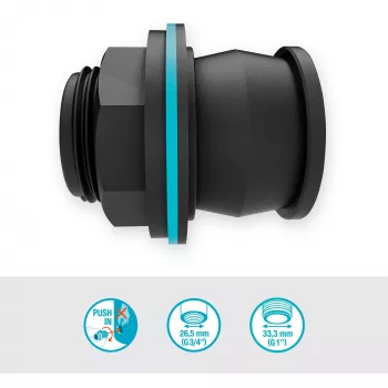 talpyklos jungtis Push IN, G 1 ir G 3/4 (juoda, sienelės storiui 2–10 mm)