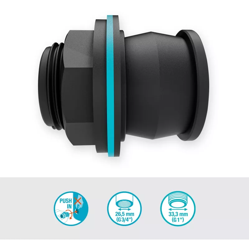talpyklos jungtis Push IN, G 1 ir G 3/4 (juoda, sienelės storiui 2–10 mm)