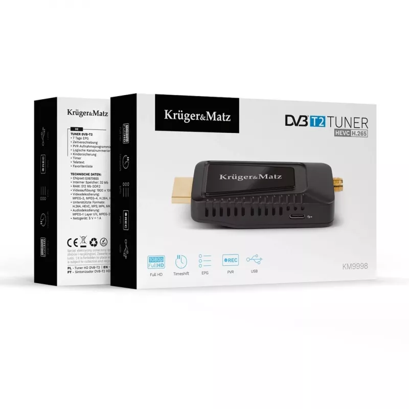 Mini DVB-T2 H.265 HEVC imtuvas KRUGER & MATZ KM9998, 470–862 MHz, 1 imtuvas, HDMI, USB, 720p