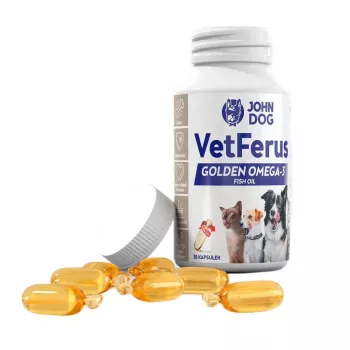 Žuvų taukų kapsulės John Dog VetFerus GOLDEN OMEGA-3 — 30 kapsulių, 200 g stiklainis, maisto papildas suaugusiems šunims