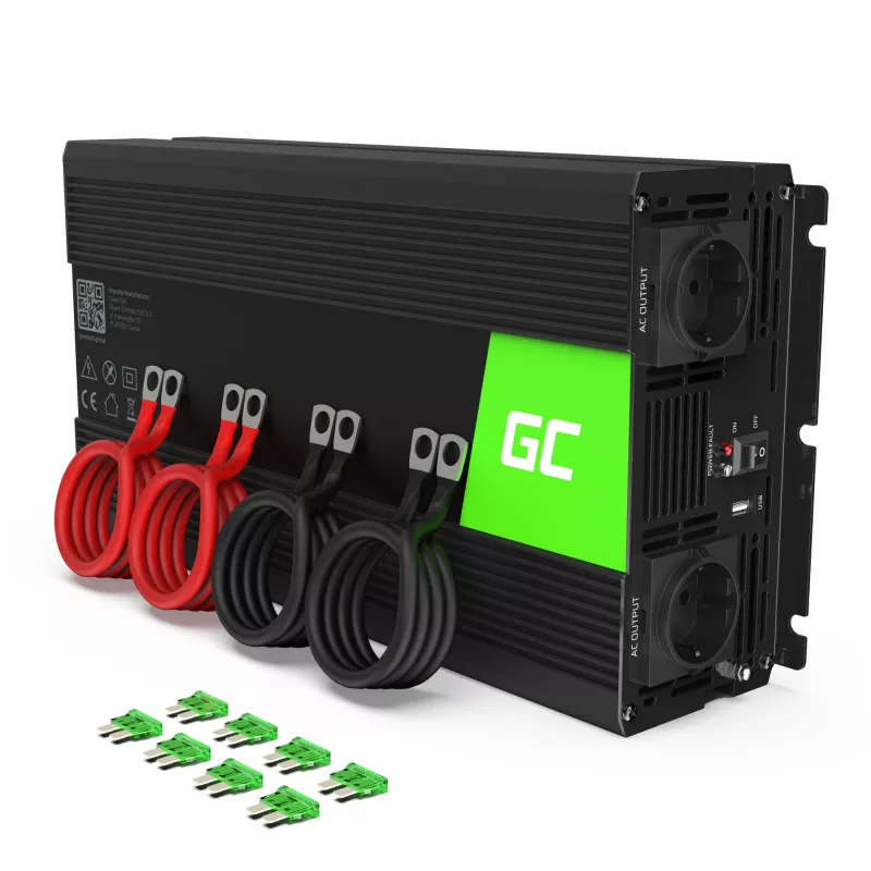 Automobilinis inverteris Green Cell INV21 6000 W, 24V nuolatinės srovės į kintamąją, 230V išvestis, 2x USB PD, aktyvus aušinimas, nuimamos nuolatinės srovės jungtys, juoda