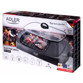 Stalinis elektrinis grilis Adler AD 6610, 3000 W, juodas, stačiakampis dviejų zonų grotelės + kaitlentė