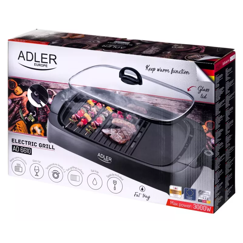 Stalinis elektrinis grilis Adler AD 6610, 3000 W, juodas, stačiakampis dviejų zonų grotelės + kaitlentė