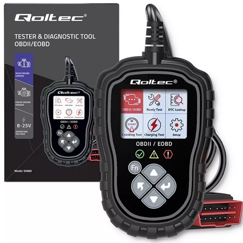 OBDII diagnostinis testeris QOLTEC ProLine 50685 — transporto priemonių OBD-II skaitytuvas 8V/25V sistemoms