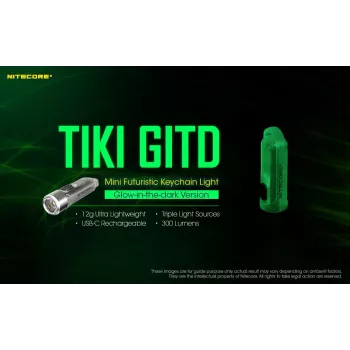 Raktų pakabuko žibintuvėlis Nitecore TIKI GITD pilkas — USB įkraunamas, 1 lm, 55 mm, 12 g, IP66