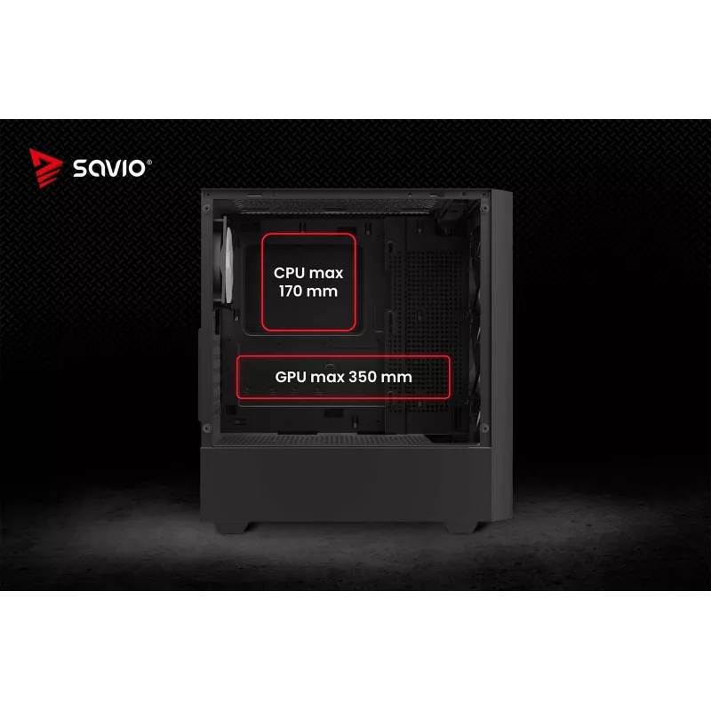 Kompiuterio korpusas SAVIO Noctis Flow — Cube Mini‑ITX/Micro‑ATX/ATX, 3x120mm priekyje, 1x120mm gale, 2x3.5 colio + 3x2.5 colio lizdai, grūdintas stiklas