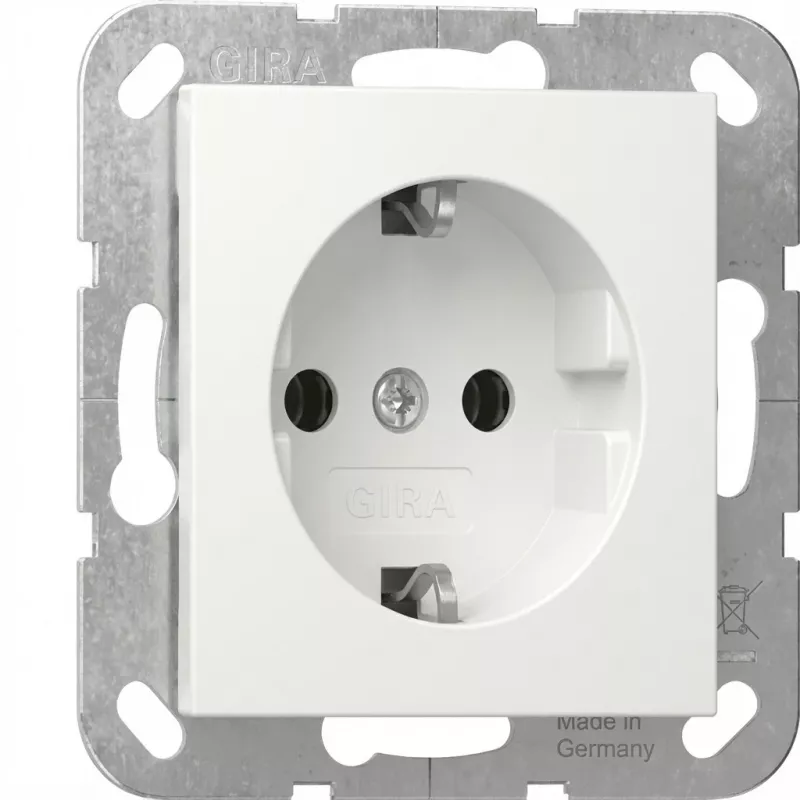 gira SCHUKO lizdas System 55 Reinweiß modelis 418803 — užleidžiamas apsauginio įžeminimo lizdas