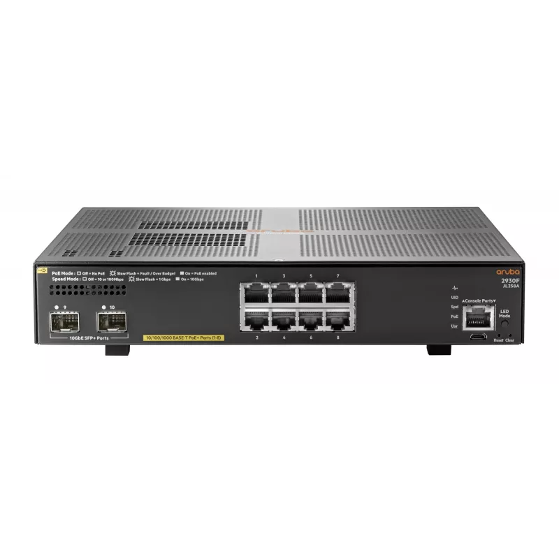 Hewlett Packard Enterprise HPE Aruba 2930F 8G PoE+ 2SFP+ - Switch - L3 - valdomas - 8 x 10/100/1000 (PoE+) + 2 x 1 Gigabit/10 Gigabit SFP+ (aukštyn) - montuojamas į stelažą - PoE+ (125