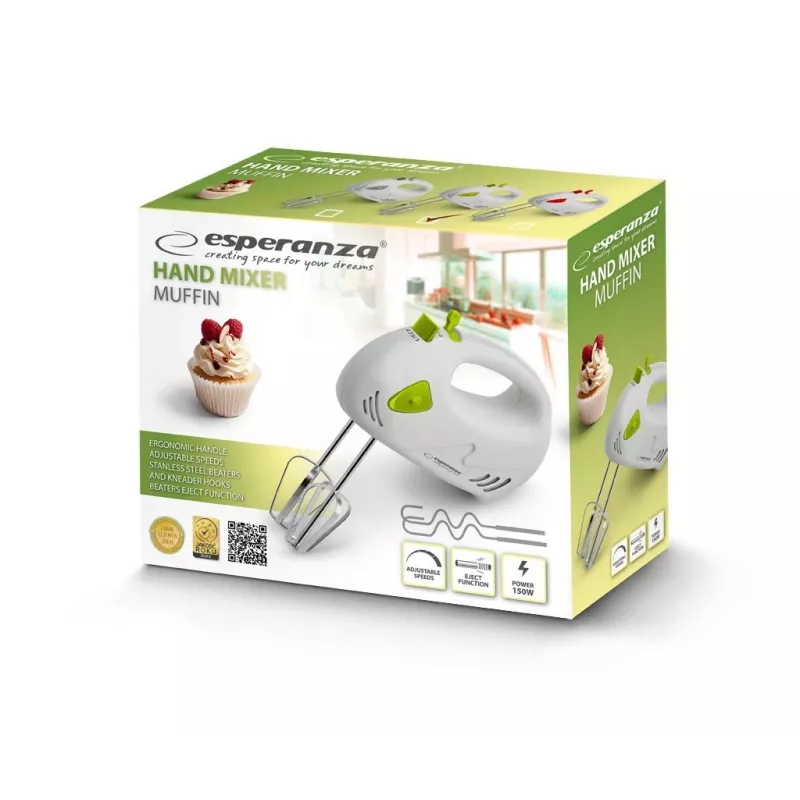 Rankinis mikseris ESPERANZA EKM007G — 150 W, 7 greičiai, plaktuvas, ergonomiška rankena, 1,1 m laidas, žalia/baltas