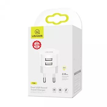USAMS US-CC080 T20 Dvigubas USB apvalus kelioninis įkroviklis, 10,5 W, baltas