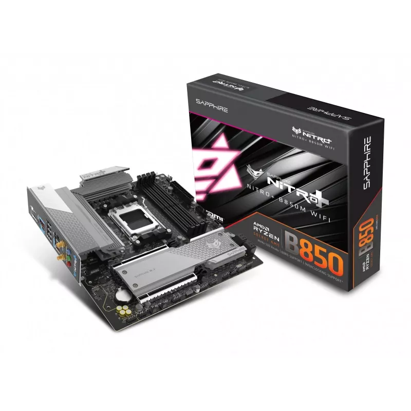 Motininė plokštė Sapphire NITRO+ B850M WIFI — AMD B850, Socket AM5, micro ATX, DDR5, 4x DIMM, Wi‑Fi 6, 2.5Gb LAN, 2x M.2