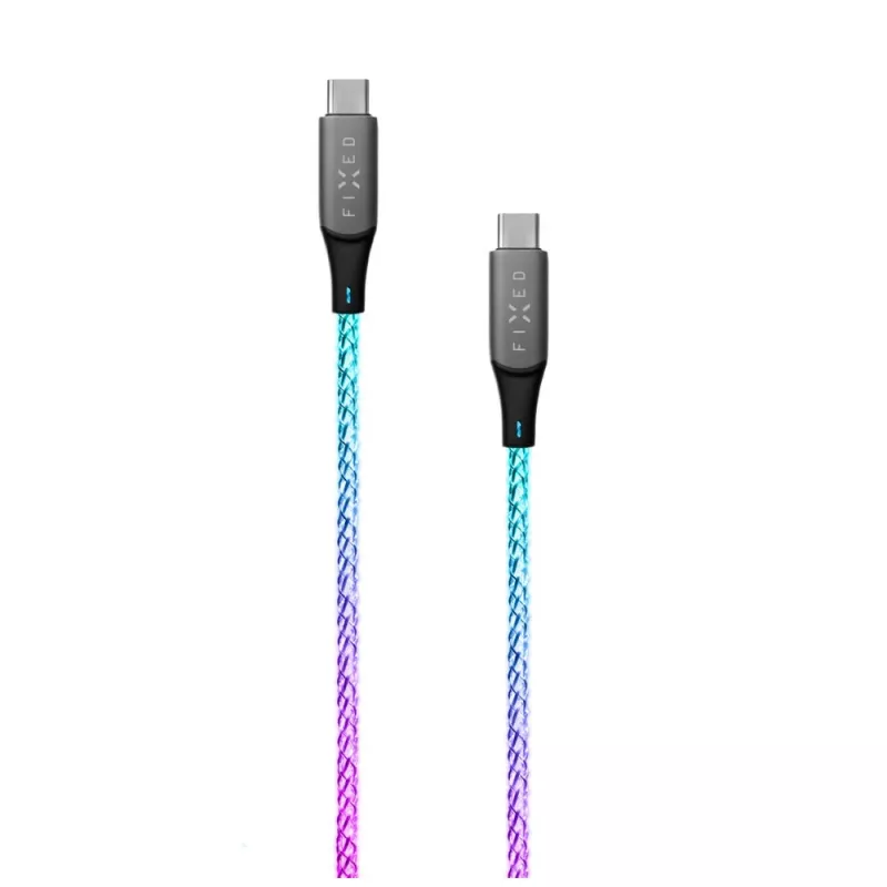 USB-C į USB-C įkrovimo laidas FIXED FIXDLED-CC-RA su PD palaikymu ir fiksuotu ilgiu, integruotu vaivorykštės šviesos diodu