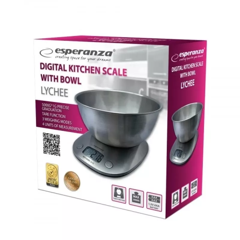 Elektroninės virtuvinės svarstyklės ESPERANZA LYCHEE — 5 kg talpa, 1 g tikslumas, nerūdijančio plieno dubuo 21 l