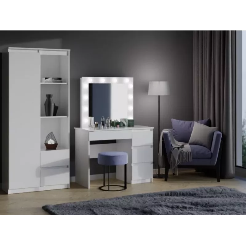 Tualetinio staliuko komplektas MIJAS, dešiniarankis, top e shop — stalas 98×76×51 cm, 4 stalčiai, LED veidrodis, baltas, aukštis 1460 mm