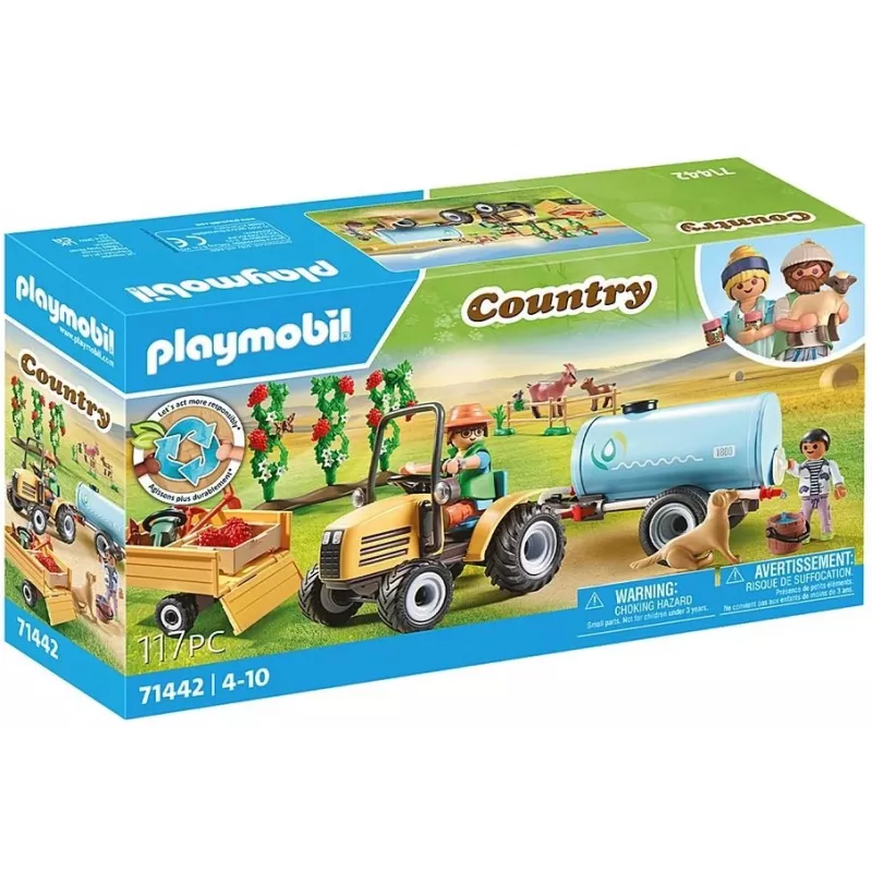 Playmobil 71442 Country: Traktorius su priekaba ir vandens cisterna Šviežias derlius ūkyje Mokymasis apie aplinką Smagus vaizduotės žaidimas