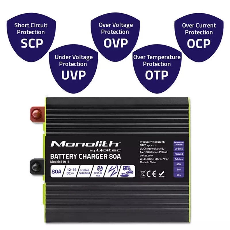 Baterijos įkroviklis QOLTEC 51918 80A 12V — įkroviklis LiFePO4, AGM, GEL, SLA baterijoms