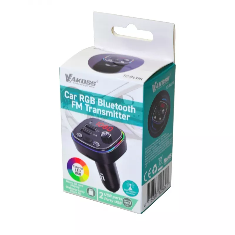 FM siųstuvas VAKOSS TC-B439K Bluetooth USB, 87.5–108 MHz, microSD/USB atkūrimas, 5V/3.1A išvestis, RGB ekranas