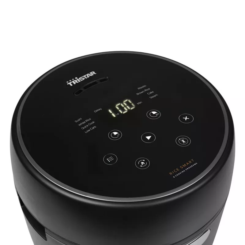 Ryžių viryklė Tristar RK-6238 — skaitmeninė, 0,6 l, 350 W, 8 programos, šilumos palaikymas, LCD, juoda