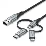 Vention USB 2.0 A kištukas į 3-in-1 Micro-B&USB-C&Lightning kištuką laidas 1M pilkas aliuminio lydinio tipo