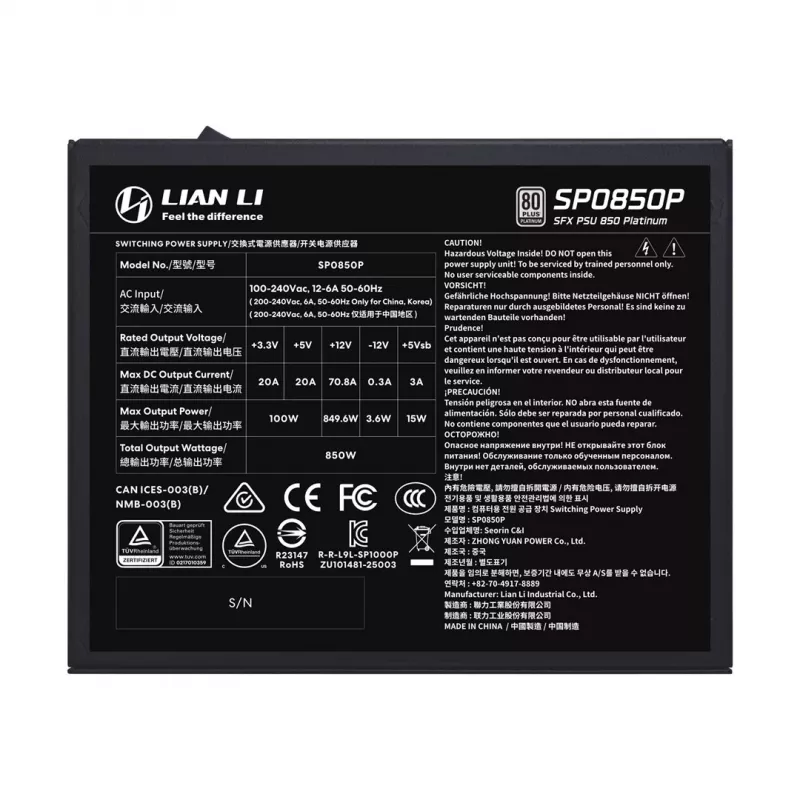 Maitinimo blokas Lian Li SP Series Platinum SFX 850W visiškai modulinis PCIe 5.1 ATX 3.1 (G9P.SP0850P.B000.EU)