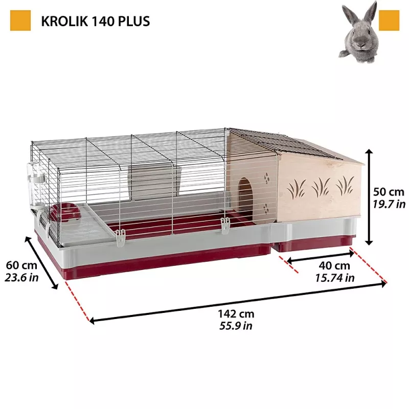 Narvas Ferplast Krolik 140 Plus triušiams, pilka/raudona, P1420×G600×A500 mm, metalas/plastikas