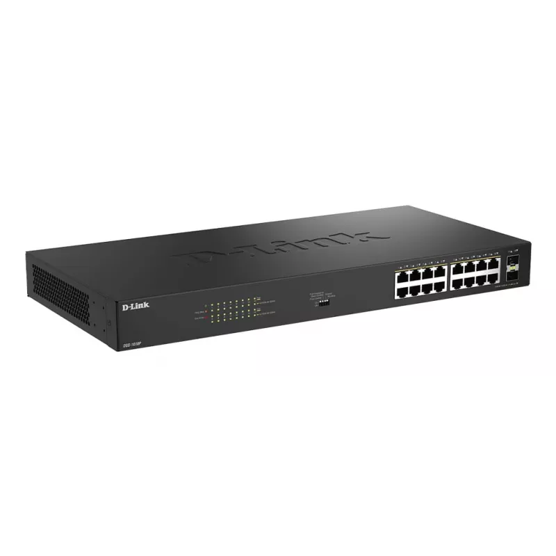 D-Link 18 prievadų Gigabit nevaldomas PoE komutatorius DGS-1018P/E — 16 x Gigabit RJ-45, PoE (IEEE 802.3af/at), 36 Gbit/s perjungimo talpa