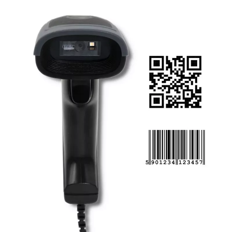Rankinis brūkšninių kodų skaitytuvas QOLTEC 50863 — 1D/2D skaitytuvas, USB laidinis, LED jutiklis, juodas, 5 V, 1,8 m laidas