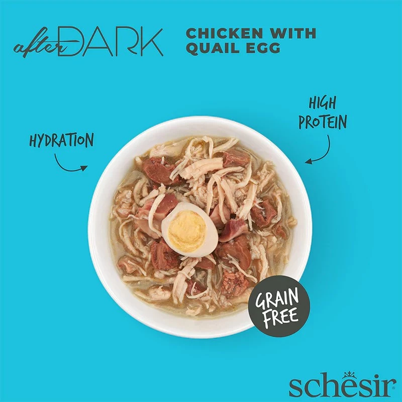 Šlapias kačių maistas Agras Pet Foods Schesir after Dark Complete Brühe 80 g — vištiena, be glitimo, suaugusioms katėms