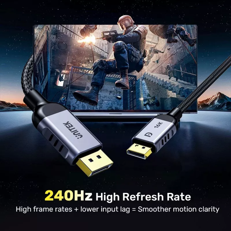 DisplayPort kabelis Unitek C1626GY01-1.5M — 1,5 m, DisplayPort 2.1, Vyriškas-Vyriškas, 360 Hz, 15360×8640, Pilka