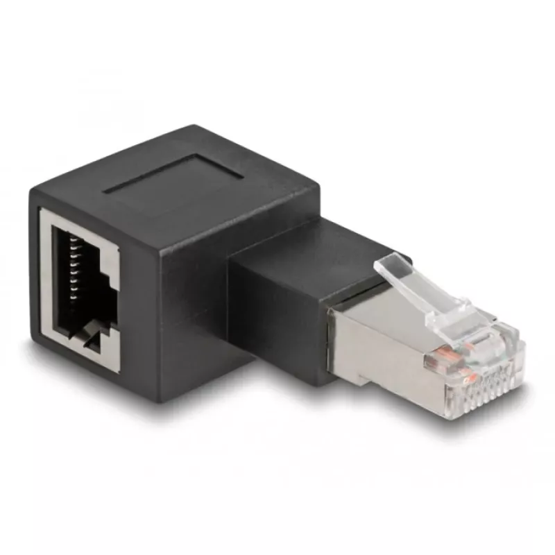 DeLOCK RJ45 kištuko prie RJ45 lizdo adapteris Cat.6A 90° į kairę pasuktas juodas