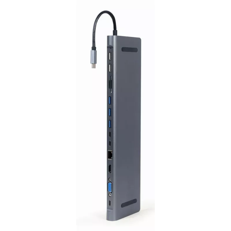 Gembird A-CM-COMBO9-01 USB Type-C 9-in-1 kelių prievadų adapteris (USB šakotuvas + HDMI + VGA + PD + kortelių skaitytuvas + LAN + 3,5 mm garsas), kosminė pilka