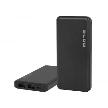 Nešiojama išorinė baterija BLOW PB10A 10000 mAh polimerinė baterija, 2x USB-A išėjimai, 22,5 W bendra galia, Micro‑USB įvestis, juoda
